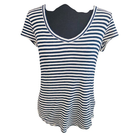 Nautical Madewell Striped V-Neck Short Sleeve T-Shirt S Viscose Blend Navy/White - Picture 1 of 7